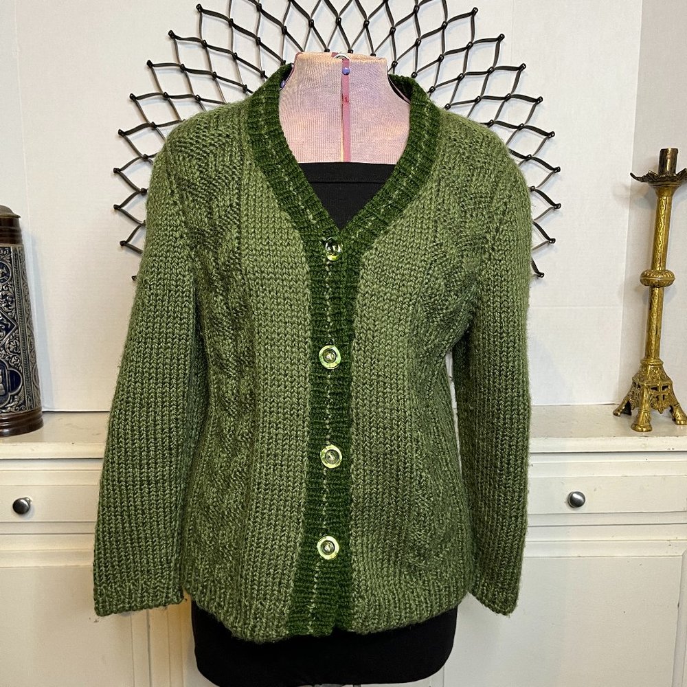 Vtg Heavy Wool Knitted Cardigan Button Up Two Tone Green Size Large Long Sleeve